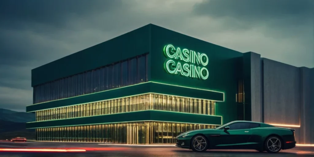 modern casino building, next to a car road